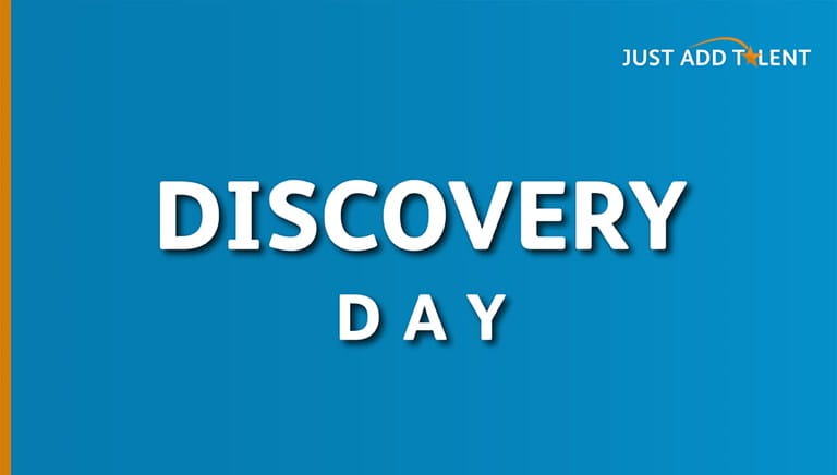 A blue background with white text 'Discovery Day' on the first plan.